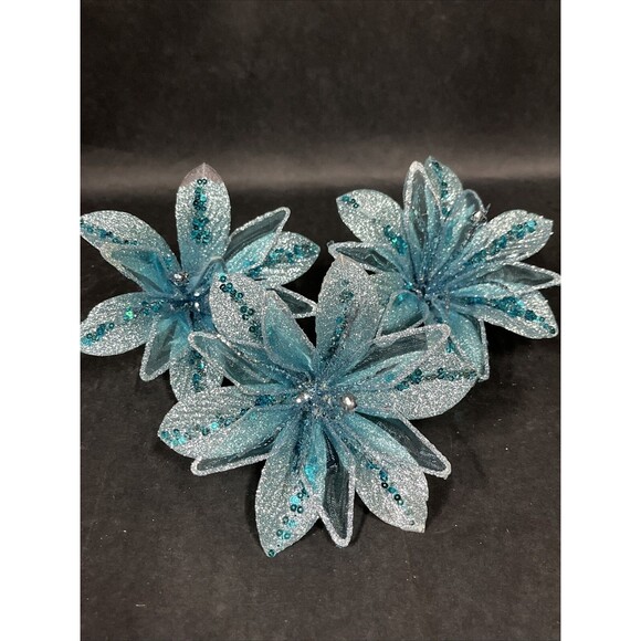 12 Silver/Blue Glittered Christmas Ornaments:Butterflies Dragonfly Bird Flowers - Picture 10 of 16